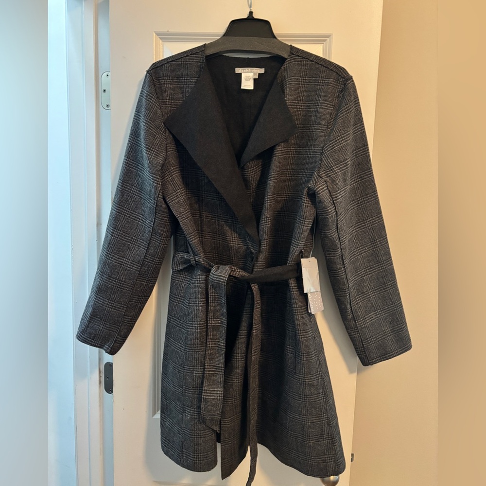 Black & Gray Plaid Wrap Trench Coat